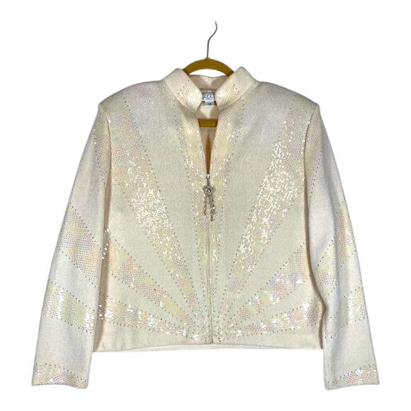 St John Evening Knit Cream Multi Shimmer Jacket Zip Front Skirt Suit Size 10 12 - Picture 2 of 16